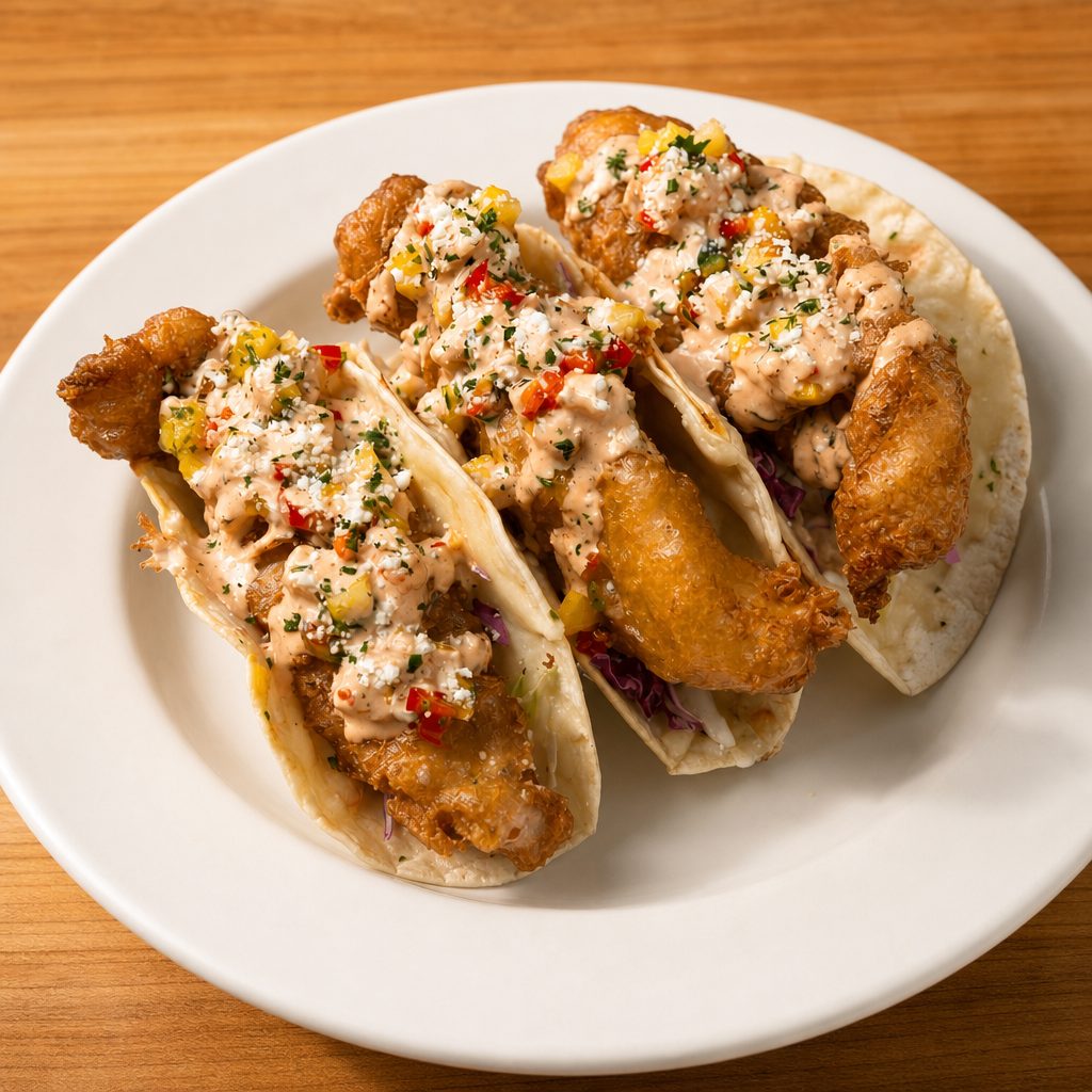 Baja Bourbon Fish Tacos.