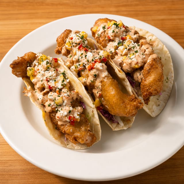 Baja Bourbon Fish Tacos.