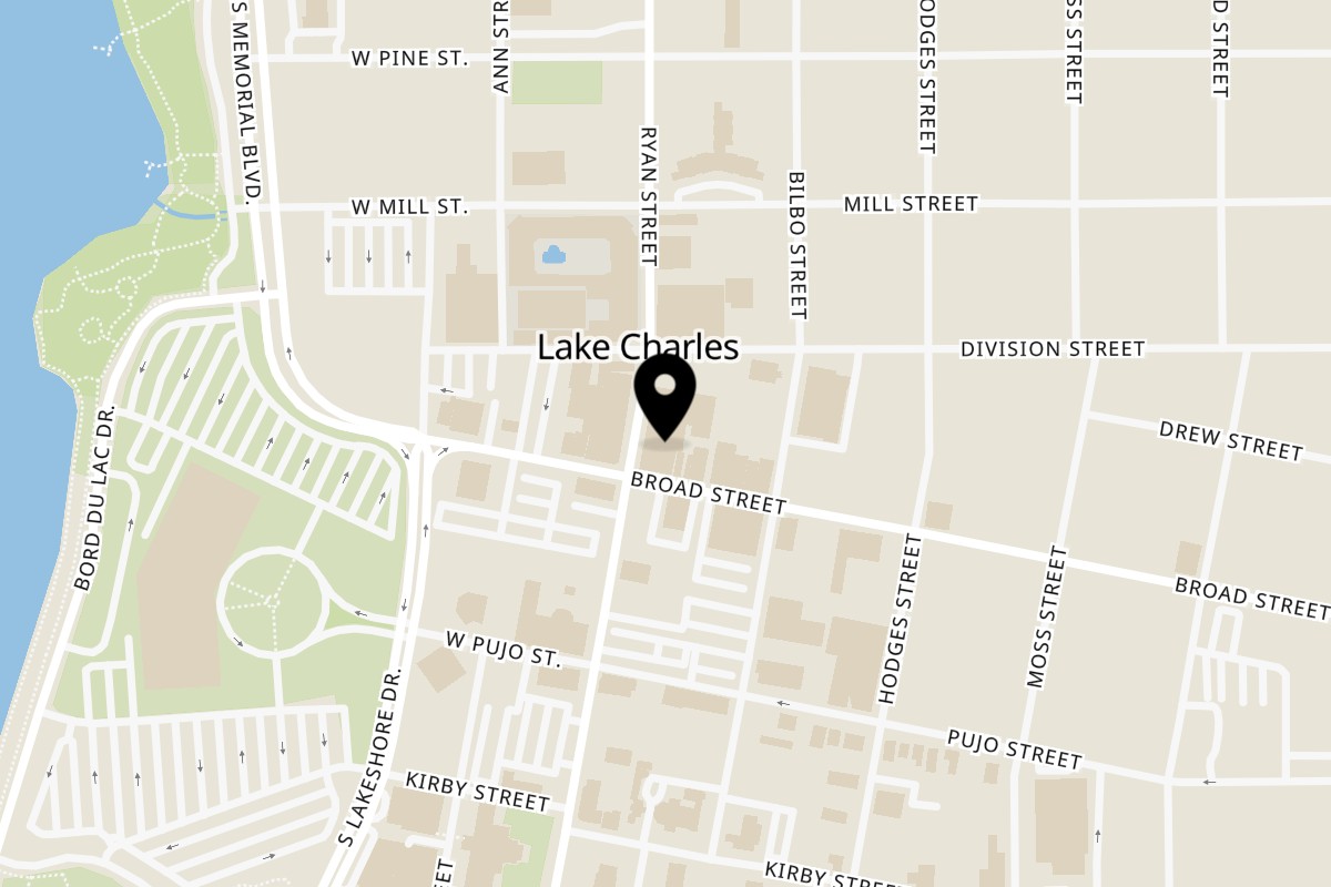 Map showing the location of Tia Juanitas Fish Camp on 723 Ryan St in Lake Charles